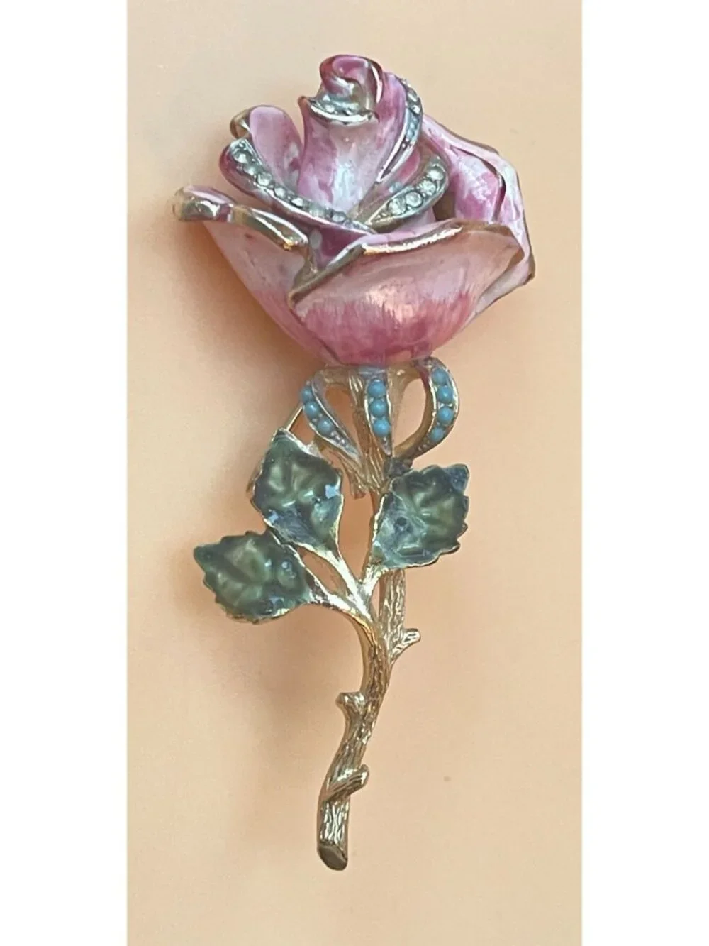 Vtg Signed Coro Enamel Rose Brooch Pink Floral Pin With Rhinestones & Gold-Tone